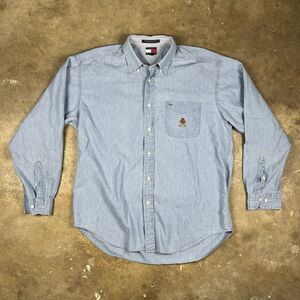 Vintage Tommy Hilfiger Shirt Mens L Blue Chambray Denim Button Up Crest 90s VTG
